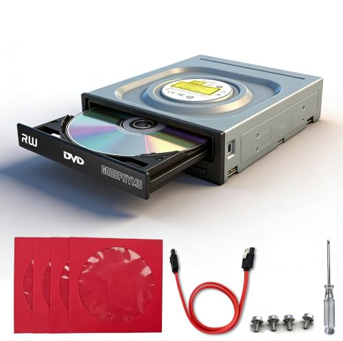 GODBPNYMU Internal 5.25 SATA DVD/CD Burner, 24x Optical Drive for PC Tower | Win7/8/10/11/XP/Mac/Linux compatible · Screwdriver, SATA cable, screws & disc sleeves included