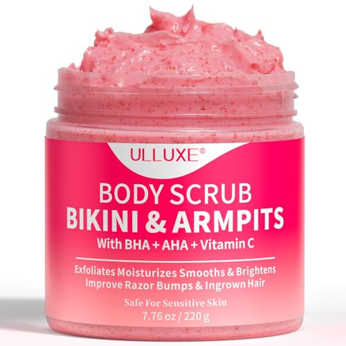 Scrub esfoliante per la zona bikini con 10% di AHA + BHA e vitamina C, scrub corpo esfoliante per peli incarniti e irritazioni ascellari, macchie scure e incarnato uniforme, 220 g
