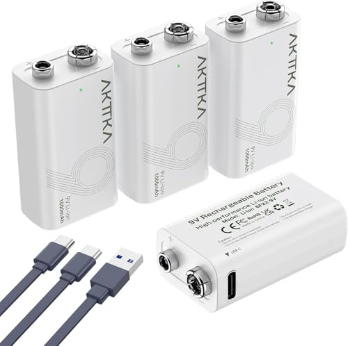 AKTTKA Pack de 4 Pilas Litio Recargables 1000mAh 9V