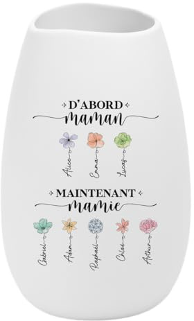 Cadeau Plus Vase À Personnaliser Céramique Mate - D'abord Maman Maintenant Mamie - Pot de Fleur personnalisé, Vase Mamie, Cadeaux pour Mamie, vases ceramique decoratif, vase fete des meres (Modèle #2)