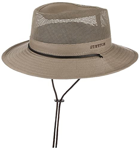 Stetson Takani Safarihut Hut Damen Herren 100% Baumwolle UV-Schutz 30 Sonnenhut Kinnband Knautschbarer Netzeinsatz Traveller beige L (58-59 cm)