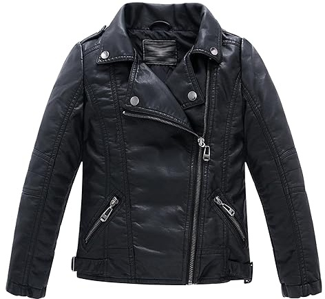 LOKTARC Boys Girls Spring Moto Faux Leather Jackets with Oblique Zipper Black 10-11 Years/Size 140