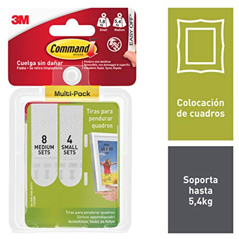 Command Strisce Appendi Quadri Adesive Bianche, 12 Coppie (4 Piccole S + 8 Medie M), per Appendere Quadri, Cornici e Specchi al Muro Senza Chiodi