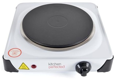 KitchenPerfected 1500W Single Hotplate / Cast Iron / Variable Heat Settings / Overheat Protection / Corrosion Resistant / Power Indicator / Non Slip Feet / Easy Clean - White - E4102WH