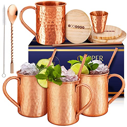 Yooreka Gift Set Moscow Mule Mugs Set Of 4 16 oz Solid Cooper, 100% Pure Copper Cups Cylindrical Shape HANDCRAFTED, BONUS 4 Straws, 4 Wood Coasters, Stirring Spoon, And Shot Glass (Square)
