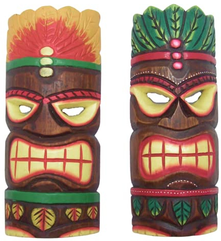 Wowser Unique Wall Decor- Hand Crafted Hawaiian Style Classic Tiki Masks, Set of 2 Assorted Designs,11.5 Inches