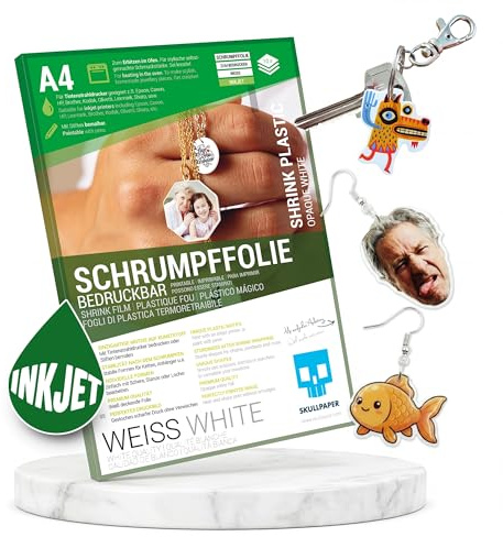 SKULLPAPER® Film rétractable - Imprimable, écrivable, peignable, tamponnable pour bijoux personnalisés et plus (A4-10 feuilles) (Blanc)