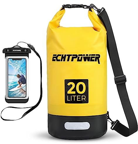 ECHTPower Dry Bag 5L 10L 20L, wasserdichte Tasche Handytasche Packsack mit Verstellbarer Schultergurt Reflektorstreife, Wasserdichter Beutel/Sack für Schwimmen, Boot, Kanu, Stand Up Paddling, Gelb