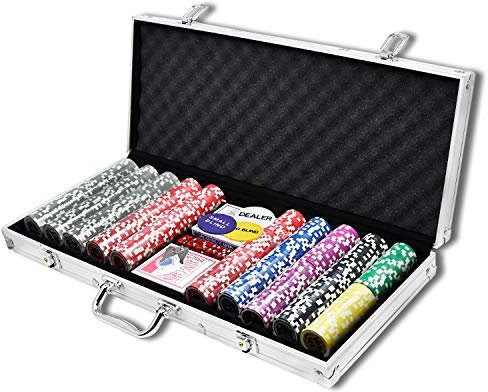 JNGLGO Mallette de poker 500 jetons laser avec 2 decks de poker, 5 dés, bouton de croupier, verrouillable, mallette en aluminium argenté