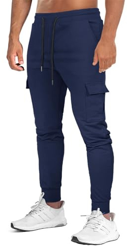 Suwangi Herr cargobyxor, joggingbyxor, sportbyxor, träningsbyxor, smal passform, bomull, joggingbyxor, fritid med fickor, blå, M