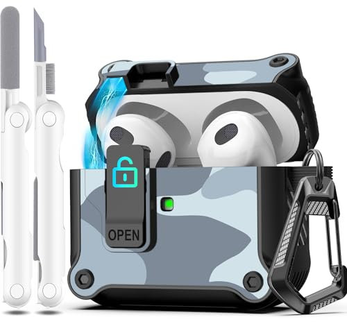 R-fun - Funda para AirPods de 3.ª generación 2021, protección Total contra caídas, Tapa emergente automática para Apple Airpod 3 Gen con Kit de Limpieza y Llavero,Camuflaje Gris Claro