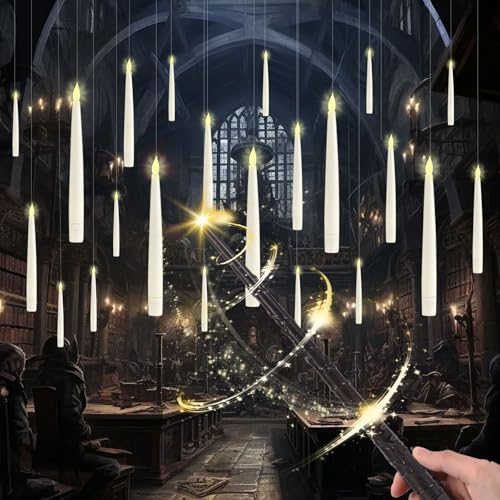 MeYuxg Velas Flotantes con Varita, 20 Piezas Velas Colgantes Velas LED Alimentada por Pilas, Floating Candles Velas Cónicas Luz Cálida para Halloween Navideña Fiesta Decoración