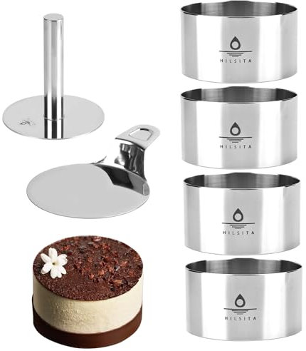 Hilsita Ensemble de 4 cercles de cuisson avec presse et spatule, hauteur 5.5cm, moules à anneaux à gâteau en acier inoxydable pour pâtes, tartare, dessert cercle a patisserie