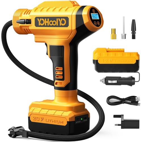 YOHOOLYO Cordless Tyre Inflator Air Compressor 150PSI（10.5Bar） and 12 Volt DC Car Tyre Pump Powered Portable Handheld Pump Car Motorcycles Bicycle (Yellow)