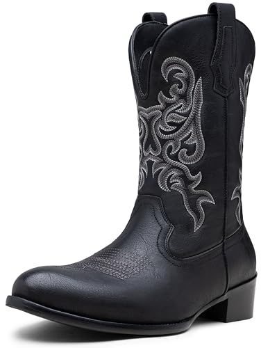 Jousen Cowboy Boots For Men Round Toe Western Slip Resistant Pull on Boot Retro Short Botas (Black-10)