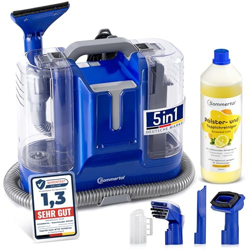 SOMMERTAL MultiCleaner WS450 5in1 inkl. 1L Polsterreiniger, Gerät für Teppiche, Treppen, Polster, Sofa, Auto, Tiere, Flecken, Leistungsstarker 450w Motor, Waschsauger, Zubehör, Selbstreinigung