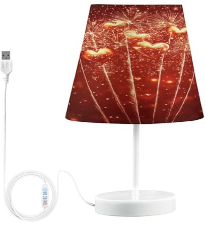 Coikll Valentine Heart Firework Table Lamp Bedside with USB Ports Nightstand Lamps with Fabric Lampshade for Reading, Bedroom, Living Room Home Office -M