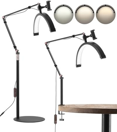 VEVOR Lampe d’Esthéticienne Demi-lune, Lampe LED Arc pour Extension de Cils Réglable, de Bureau et sur Pied 2 en 1, avec Support de Téléphone, Télécommande, pour Beauté, Soins de la Peau, Sourcils