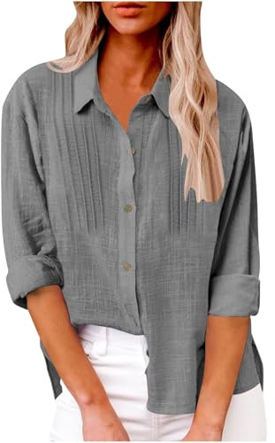 MJGkhiy Camicia Donna Elegante Lino Curvy Bianca Taglie Forti Camicetta Cotone Blusa Manica Lunga Top Casual Tinta Unita Maglietta Leggera Maglia con Bottoni Camicette Lunga Camicie Mare 2025