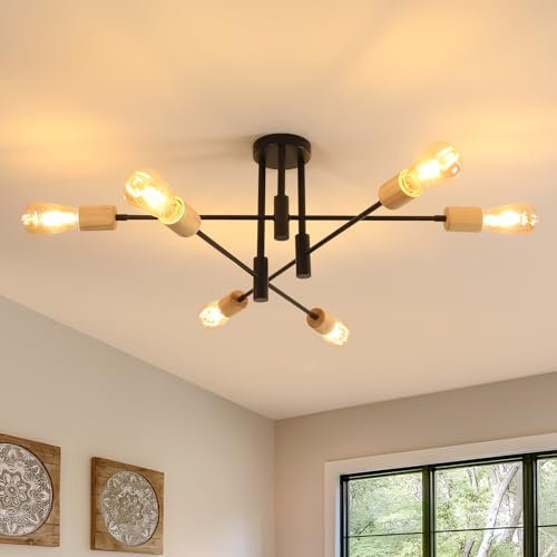 Comely Lámparas de Araña Industrial, 6 Luces E27 Vintage Lámpara Colgante, Max.60W, Plafon de Techo de Madera y Metal para Salón Dormitorio Pasillo Cocina, Negro, 72CM