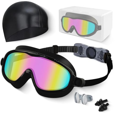 Kids Swim Goggles, Anti-fog, UV Protection and Wide View Swimming Goggles & Swim Cap for Age 3-15 Boys Girls Toddler