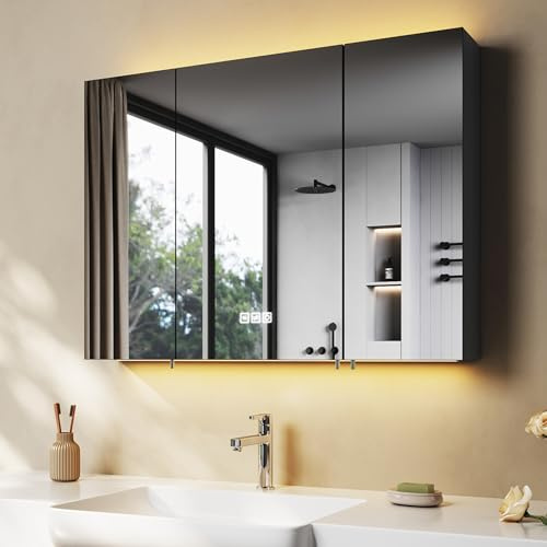 SONNI LED-spegelskåp, 90 x 65 cm, 3 dörrar inkl | Spegelskåp med touch, minne och 3 ljusfärger. Robust stålskåp perfekt för renovering