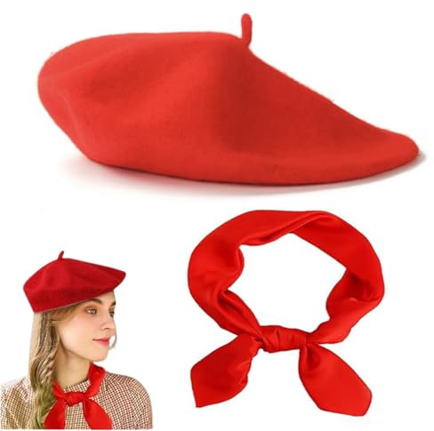 Wxinsheng Béret Classique Vintage avec Foulard Carré Rouge,Set 2-en-1 Polyvalent,Accessoires de Costume 1940s,Accessoire Mode Hiver