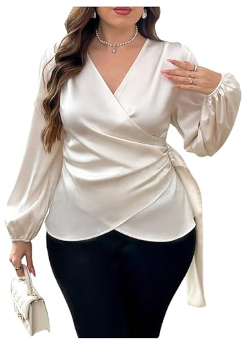 Floerns Women's Plus Size Satin Asymmetrical Wrap Tops Ruched V Neck Long Sleeve Blouses Apricot 4X-Large Plus