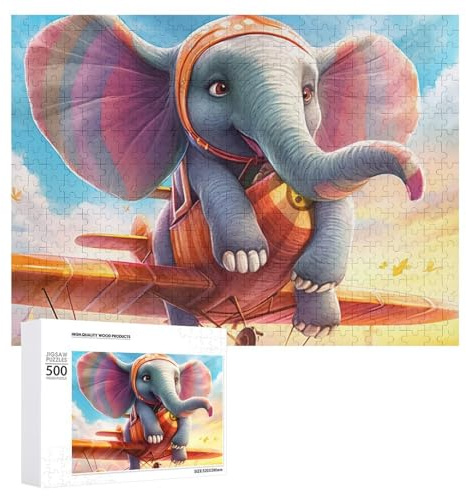 Rompecabezas para Adolescentes 500 PCS Elephant Pilot in Vintage Airplane Rompecabezas Juguetes Antiestrés Decoración Diversión En Casa Actividades, 500 PCS