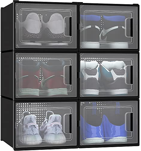 YITAHOME Schuhboxen, 6er Set, Schuhkarton stapelbar stabil, Aufbewahrungsboxen für Schuhe mit transparent Tür und Belüftungslöchern, für Schuhe bis Größe 46, stapelbare schuhbox schwarz