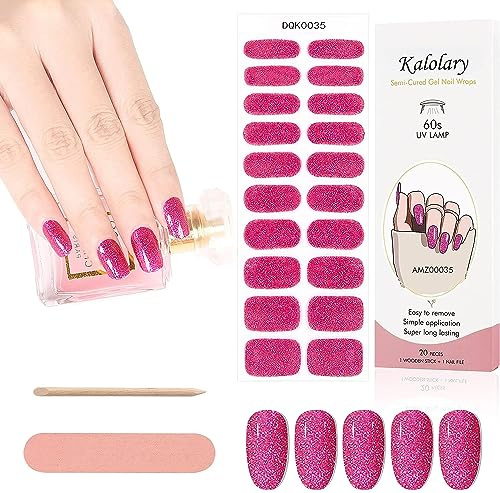 Kalolary 20PCS Nail Adhesive Wrap, Nail Gel Polish Strips Full Wraps Nail Polish Stickers Cured Gel Nail Strips Self-Adhesive Gel Nail Wrap Stickers Decals(UV/LED Lamp Required) (Glitter Pink)