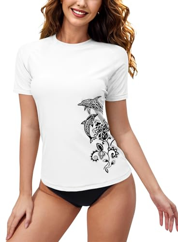 BesserBay Maglietta da donna Rash Guard UPF 50+, girocollo, a maniche corte, ad asciugatura rapida, maglietta da bagno S-XXL, bianco, XL