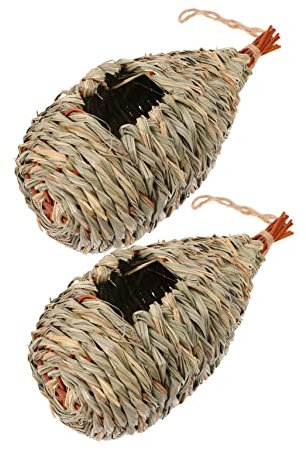 OFFSCH 2 Stück Stroh-Vogelnest aus Naturgras, Vogelhütte, Spatzenhaus aus Holz, dekoratives Vogelhaus, Fensterverkleidung, Stroh, Vogelhaus, Vögel, hängendes Stroh, Vogelhaus, Vogelversteck, Hütte,