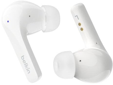 Belkin SoundForm Motion True Wireless Earbuds with Wireless Charging Case & Dual Microphone - IPX5 Water Resistant, Bluetooth Headphones for iPhone 16 & Galaxy 25 - White