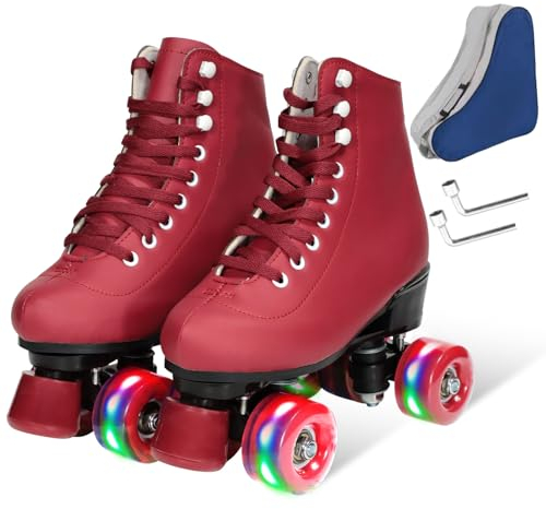 Wiwiy Rollschuhe für Damen und Herren, mit Leder, hohe Oberseite, vier glänzende Räder, Weinrot, für Anfänger drinnen und draußen (Damen 40 / Herren 39)