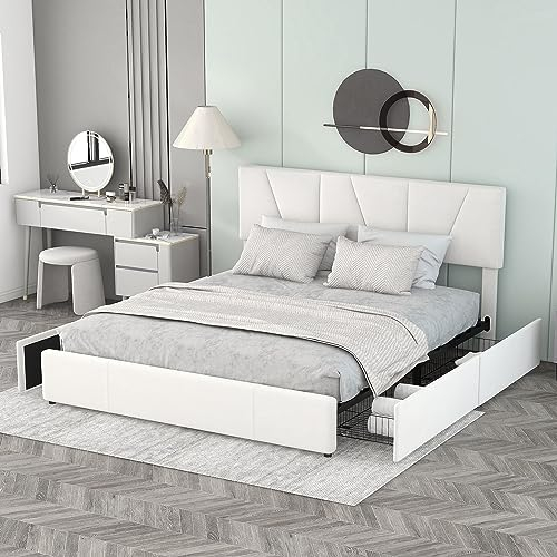 Kehun Polsterbett 160 x 200 cm mit Kopfteil, Doppelbett mit 4 Stauraum Schubladen, Bett mit Lattenrost und Metallrahmen, Betten mit Bettkasten, Samt, Beige, ohne Matratze