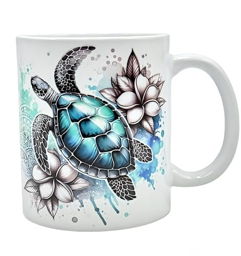 Shopi Zone Taza de cerámica con diseño artístico de tortuga marina y flores tropicales - Regalo original para amantes del mar