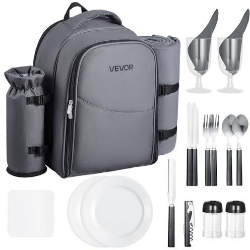 VEVOR Picknickrucksack Picknicktasche (20 L) für 2 Personen mit isoliertem & geräumigem Kühlfach & abnehmbarem Flaschen-/Weinhalter, leichter Decke, Teller- und Besteckset zum Wandern Camping, Grau