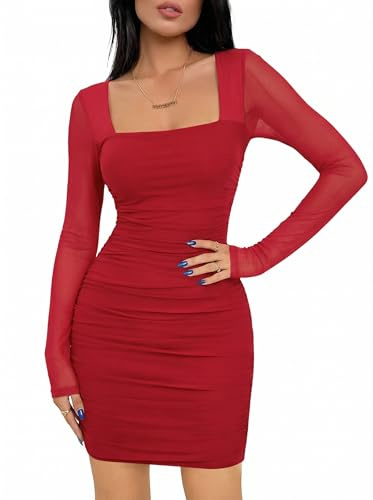 Cicy Bell - Abito da donna Bodycon, sexy, in mesh, a maniche lunghe, mini abito, scollo quadrato, abito da festa, abito da club, abito da cocktail, abito a matita, vestibilità slim, rosso vivo, XXL