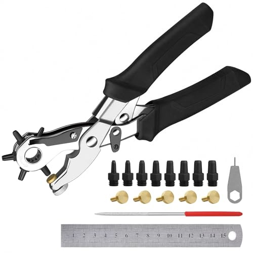 Diyife Leather Hole Punch, Portable,6 Holes,Parallel Bar,Swivel Clasp,Black | Upgraded Belt Hole Puncher Plier Tool for Leather Belts Saddles Shoes Fabric Crafts , 6 Spare Punching Heads & 5 Copper Pads
