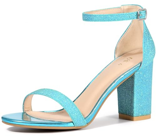 Allegra K Femmes Satin Bout Ouvert Cheville Sangle épais Talons Sandales Bleu 38