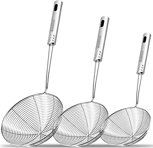 Anaeat Stainless Steel Spider Skimmer, Set of 3 Professional Kitchen Pasta Strainer Spoon with Long Handle - Asian Strainer Ladle Wire Skimmer Spoons for Cooking and Frying (4.5+5.3+6.1)