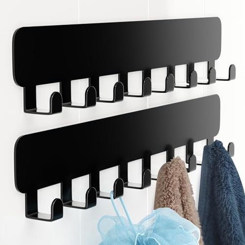 pickpiff Heavy Duty Self Adhesive 8 Hooks, Stainless Steel Sticky Hooks for Hanging, 2 Pack Black Door Hooks for Bathroom