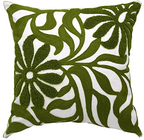 Alysheer Farmhouse Floral Leaves Embroidered Decorative Throw Pillow Cover 18x18 inches, Boho Tufted Flowers Embroidery Pattern Chic Cotton Cushion Case for Couch Bed Sofa Living Room(Olive Green)