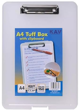 KAV A4 Clear Strong Plastic Clipboard with Storage Box – Weatherproof Tuff Box File – Durable Organizer for Stationery, Tools & Equipment – Translucent Polypropylene Box with Metal Clip – Pack of 1