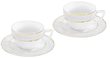 Wilmax - Juego de 2 tazas con platillos, diseño dorado, 90 ml, tazas de café de porcelana, color blanco, juego de vajilla para 2 personas, juego de tazas para café, té, postres, servicio de café