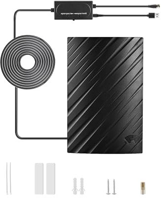 Vecys Antenne TV pour Smart TV 25 dBi ATSC Antenne TV Numérique Intérieure avec Amplificateur USB 500 Miles Antenne TV DVB-T2 RG174 Câble Coaxial 5m/16.4ft Prise en Charge 4K 720p 1080p