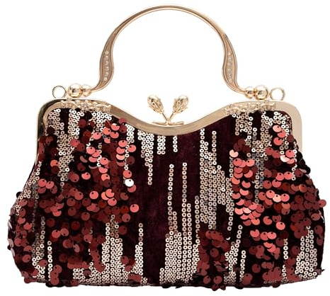 lapulio Borsa da sera in stile vintage con paillettes di velluto, motivo floreale, adatta per banchetti, matrimoni, feste, occasioni formali, borgogna, S