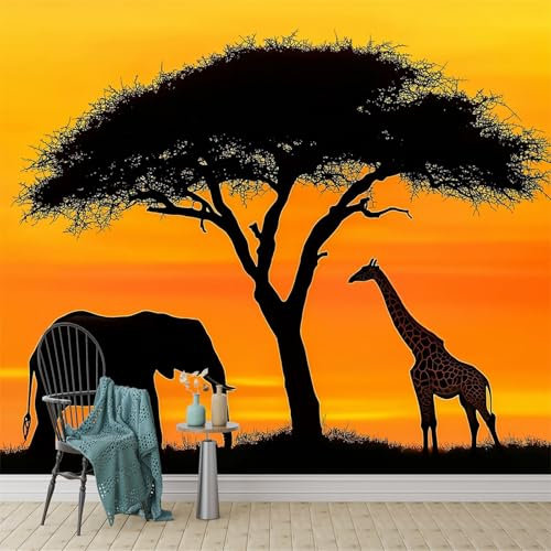 Papel pintado mural Elefantes jirafas papel escénicos papel pintado no tejido Amarillo Negro Adecuado para habitación infantil, salón y dormitorio 250 x 175 cm papel pintado mural
