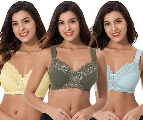 Curve Muse-Sujetadores inalámbricos minimizadores sin Forro Talla Grande con Encaje Bordado-Paquete de 3-Yellow,Light Blue,Hunter Green-95F-(EU:80F)
